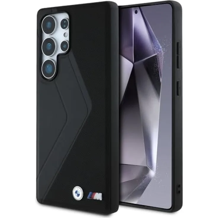 BMW Handyhülle Galaxy S25 Ultra, MagSafe kompatibel, Kunstleder schwarz mit Metall-Logo, 6,9 Zoll, Kantenschutz