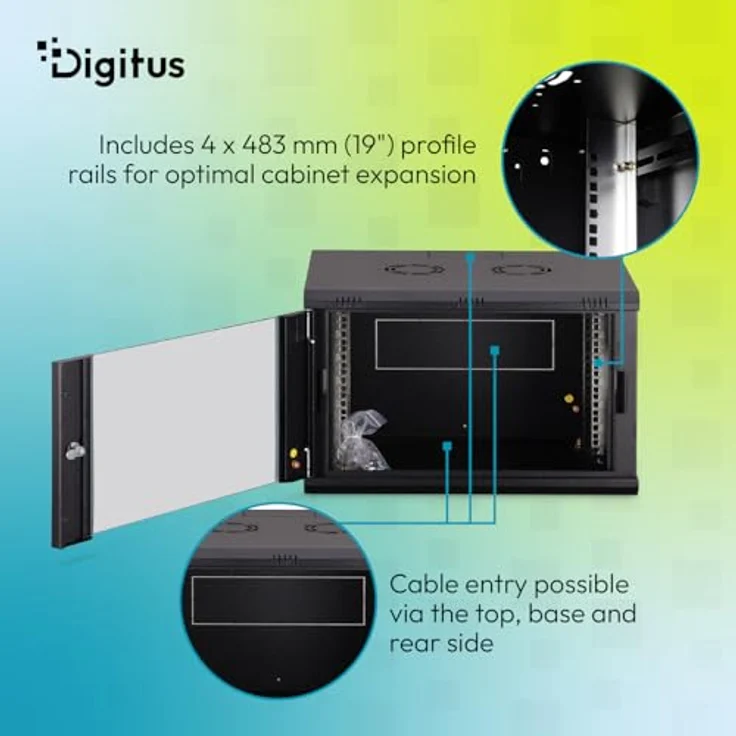 DIGITUS Netzwerkschrank 19-Zoll Rack 7HE, unmontiert, Wandmontage, 450 mm Tiefe, Glastür, Dynamic-N Serie, Schwarz, 60 kg Traglast – Bild 5