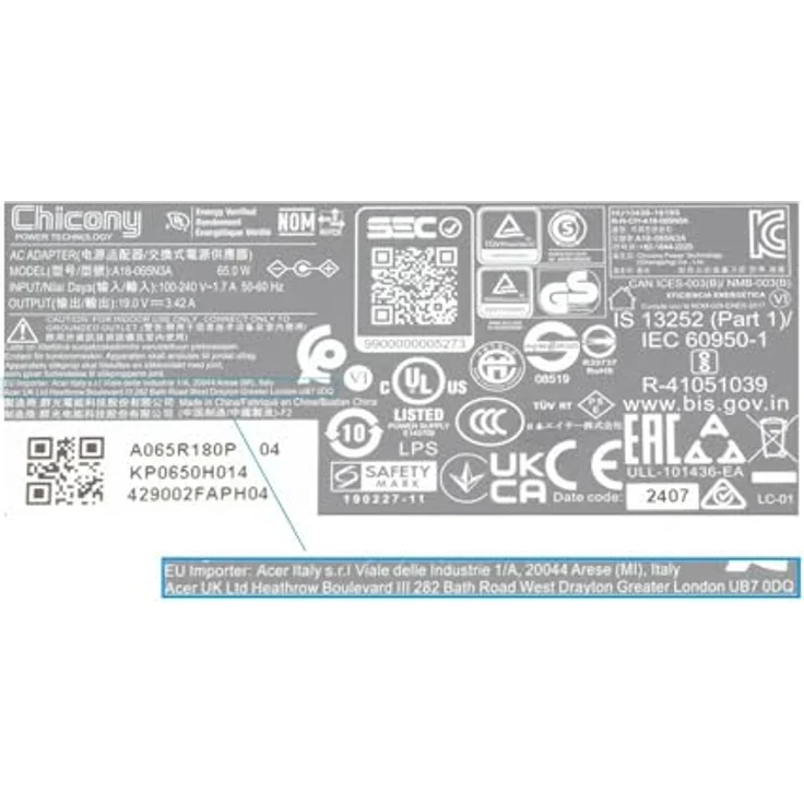 Acer KP.06503.017 AC-Adapter, 65 W Notebook Netzteil mit Schutzfunktionen, schwarz – Bild 4