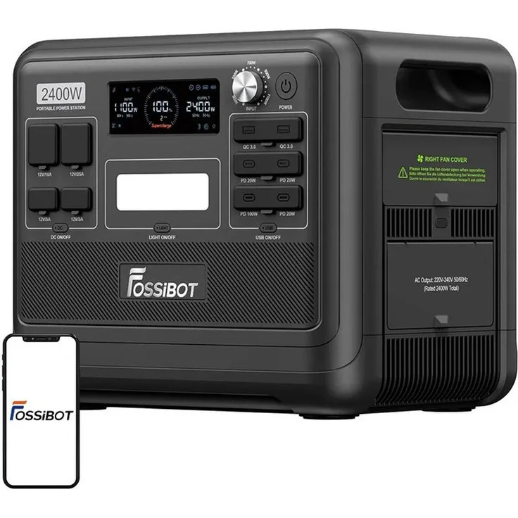 Fossibot F2400 2400-W-Ladestation, tragbare Powerstation mit LCD-Display und Schnellladefunktion, schwarz