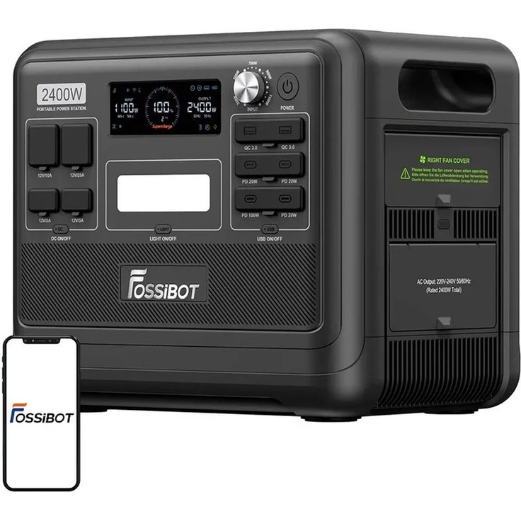 Fossibot F2400 2400-W-Ladestation, tragbare Powerstation mit LCD-Display und Schnellladefunktion, schwarz