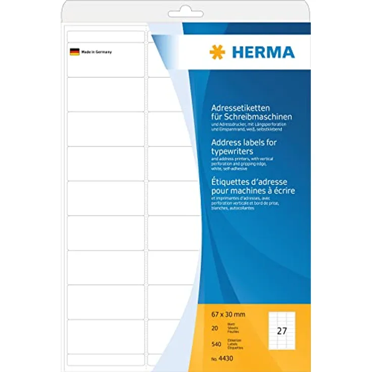 HERMA 4430 Adressaufkleber für Schreibmaschinen DIN A4 (67 x 30 mm, 20 Blatt, Papier, matt, abgerundete Ecken) selbstklebend, permanent haftende Adressetiketten, 540 Klebeetiketten, weiß