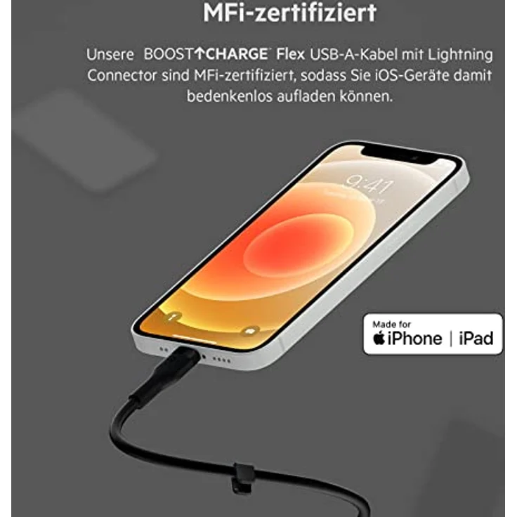 Belkin BoostCharge Flex Silikon-USB-A/Lightning-Kabel, 1 m, MFi-zertifiziertes Ladekabel für iPhone 14/14 Plus, 13, 12, 11, Pro, Max, mini, SE, iPad und andere Geräte – Schwarz – Bild 2