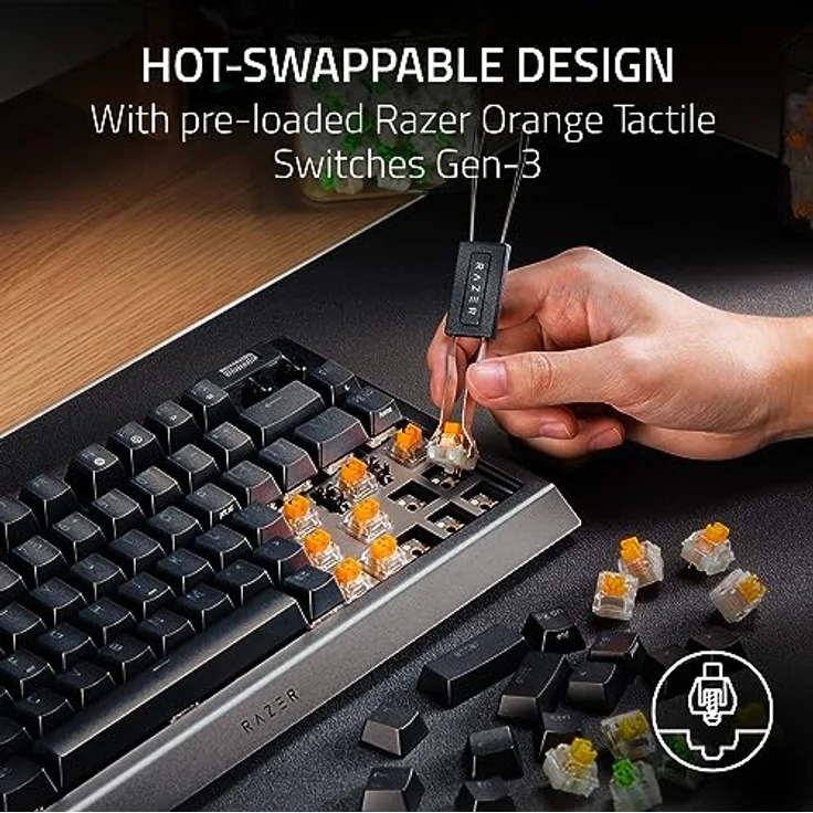 Razer BlackWidow V4 75% mechanische Gaming-Tastatur, Hot-Swappable Design, kompakt & langlebig, orange taktile Schalter, Chroma RGB, MF Roller & Media-Tasten, komfortable Handballenauflage, Schwarz – Bild 2