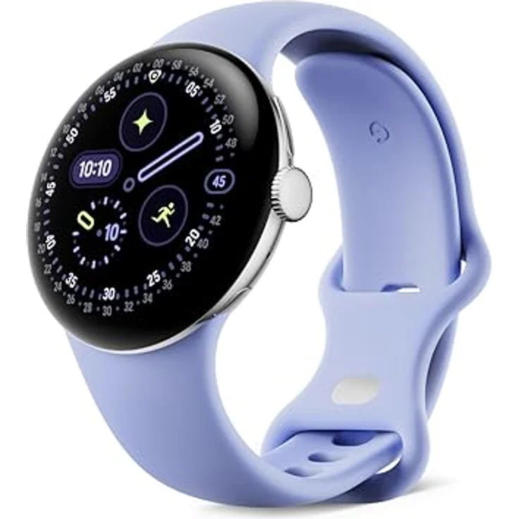 Google Pixel Watch 4, Android-Smartwatch (41 mm) mit gewölbtem Actua 360-Display, Fitness-Tracking und Notruffunktion, Aluminiumgehäuse in Polished Silver, Sportarmband in Iris, WLAN – Bild 1