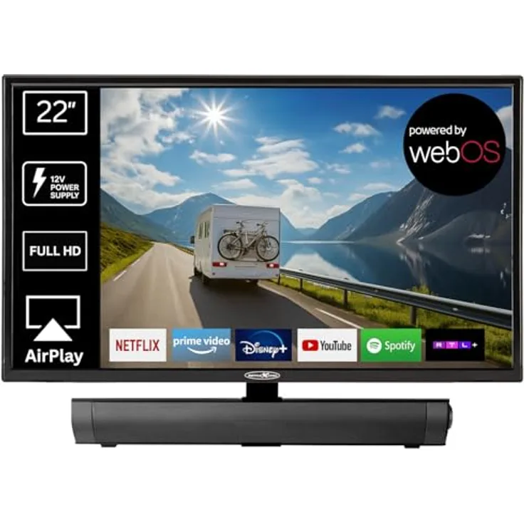 REFLEXION LED22iBT Smart-TV 22 Zoll, Full-HD, WLAN, Bluetooth, inkl. Soundbar und 12V-KFZ-Adapter – ideal für Wohnmobile, Wohnwagen, Camper & Boote