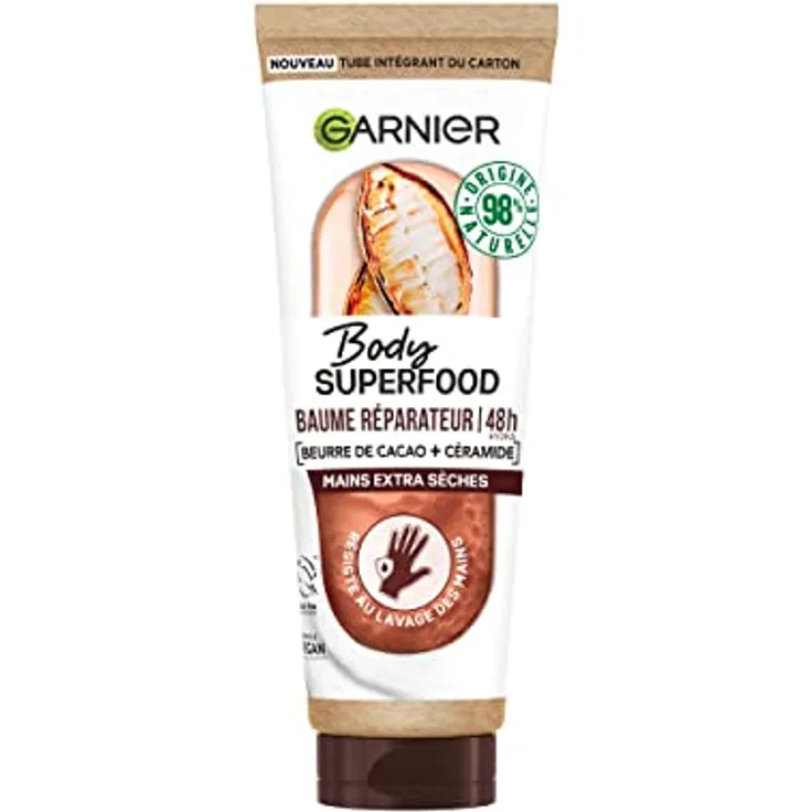 Garnier Body Superfood Handcreme - 48h Feuchtigkeit, Kakaobutter & Ceramid, 98% natürlichen Ursprungs, Vegan & Cruelty Free - für extra trockene Hände, 75 ml