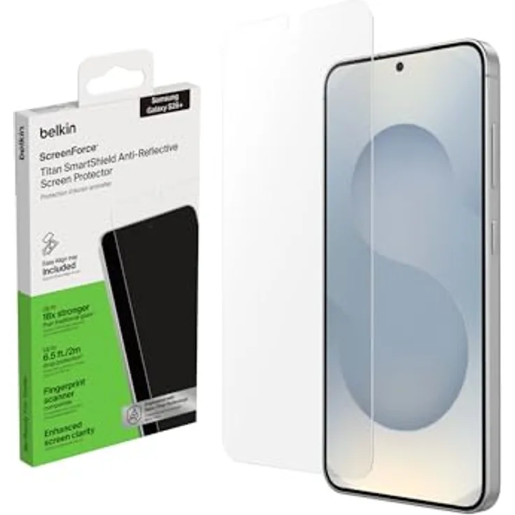 Belkin ScreenForce Titan SmartShield Schutzfolie für Samsung Galaxy S26+, Anti-Reflex, Kratzfest, Stoßfest, Ultrathin mit Positionierungsschale, 9H Härtegrad