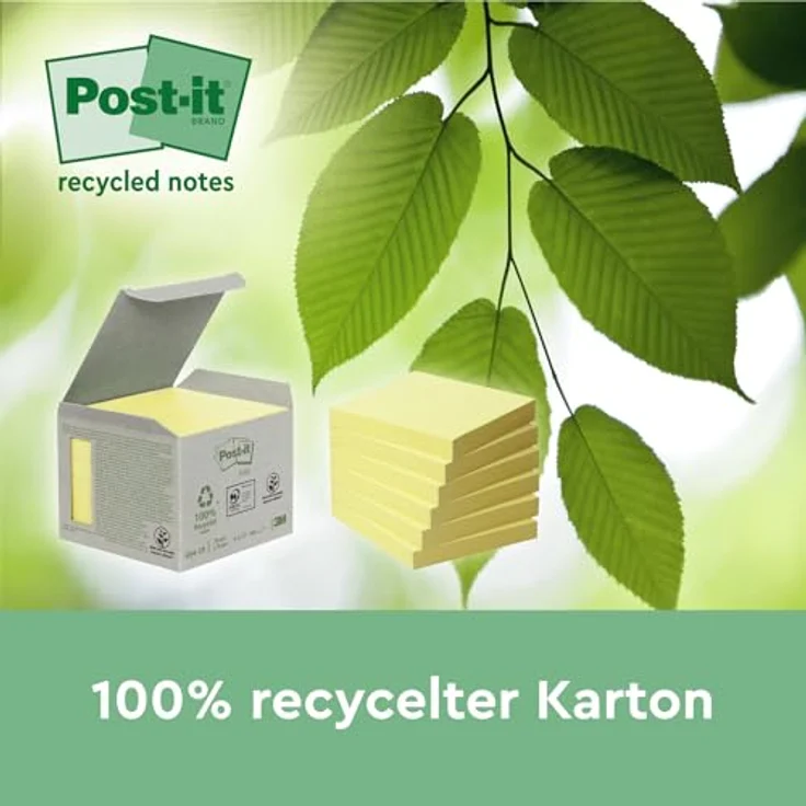 Post-it Notes Recycling Haftnotizblock, 76x76mm, gelb, 600 Blatt (6x100) in Vorratsbox, rückstandsfrei lösbar, aus 100% Altpapier – Bild 4