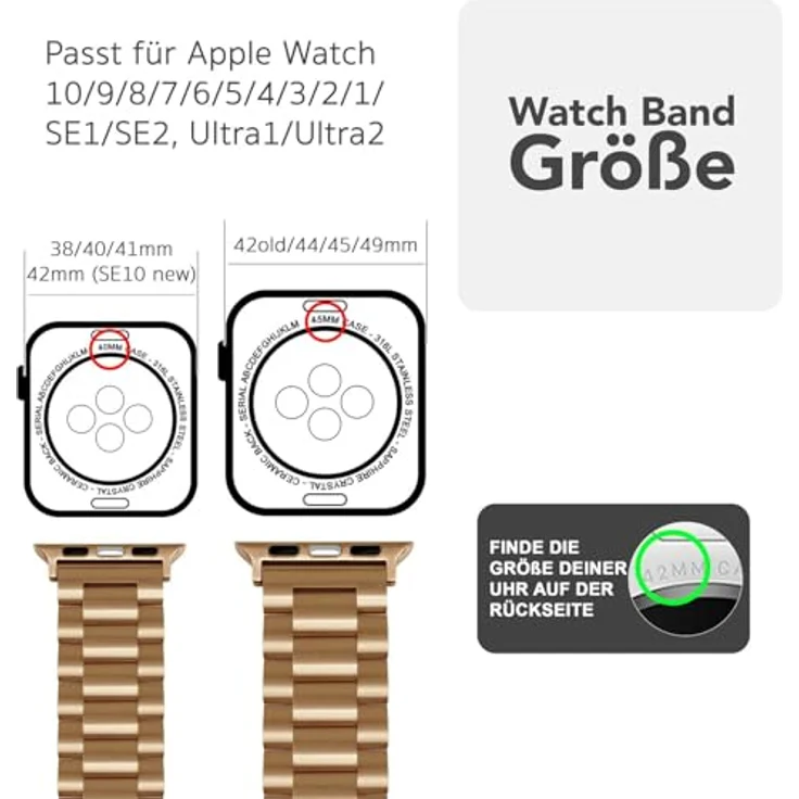NALIA Mova Edelstahl Armband für Apple Watch Series Ultra/SE 10/9/8/7/6/5/4/3/2/1, 42/44/45/46/49mm, rostfrei, Doppelfaltschließe, Farbe: Königs Gold – Bild 2