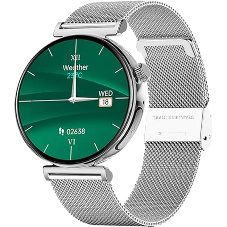 Knauermann PRO 3 Mini (2024) Silber - Gesundheitsuhr Smartwatch mit Telefoniefunktion, EKG + HRV und SOS Funktion, AMOLED Display, BT Bluetooth - Schlafapnoe, Milanaiseband Silber, 14-24, rund