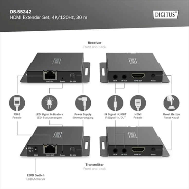 Digitus HDMI Extender Set, 4K/120Hz bis 40 m, KVM Switch mit bi-direktionaler IR-Übertragung, Schwarz – Bild 5