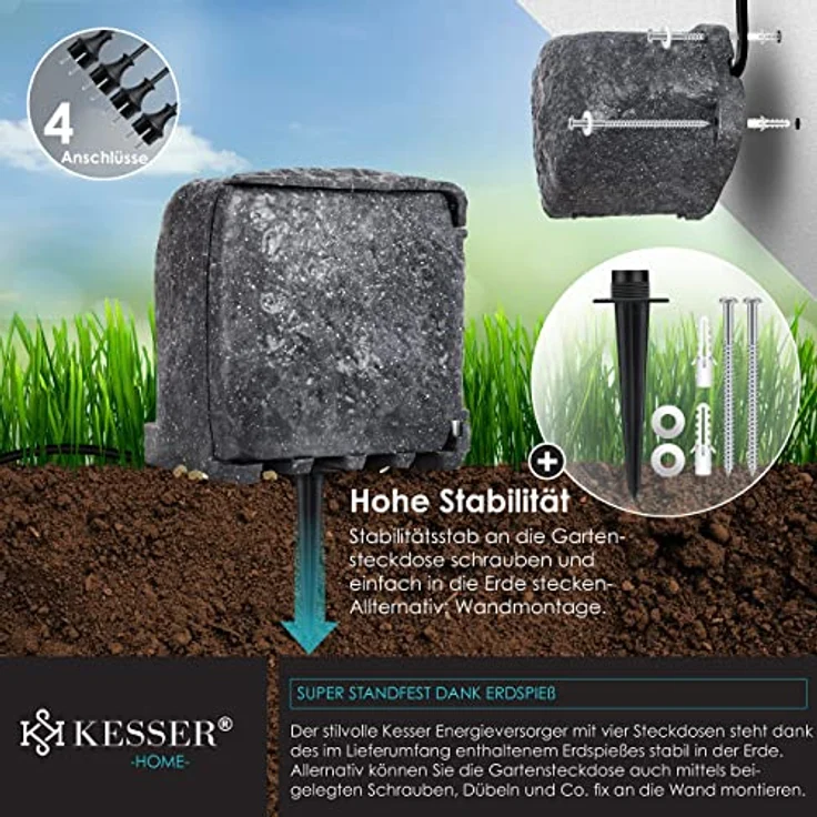 KESSER® Gartensteckdose Steinoptik mit 4 Steckplätzen Inkl. Erdspieß, IP44 Wasserdicht mit Dämmerungssensor, Anthrazit – Bild 4