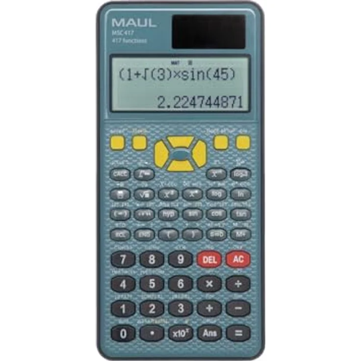 MAUL MSC 417, Wissenschaftlicher Taschenrechner mit 417 Funktionen, zweizeilig, aus 80% recyceltem Kunststoff, Solar/Batterie, schwarz/blau, inkl. Hardcover-Etui – Bild 1