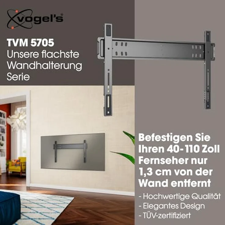 Vogel's TVM 5705, Ultraflache TV-Wandhalterung mit GuidanceSystem™ für 40–110 Zoll TVs, max. 100 kg, TÜV-geprüft, VESA 600x400, Wandabstand 1,3 cm – Bild 2