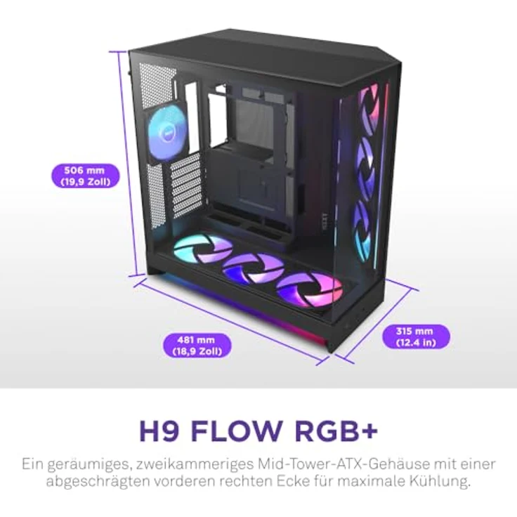 NZXT H9 Flow RGB+, ATX Mid-Tower PC-Gehäuse mit 7 RGB-Lüftern (6 x 140mm, 1 x 120mm), Dual-Kammer-Design, 420mm Radiatorunterstützung, Schwarz – Bild 2