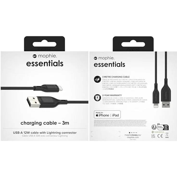 mophie Essentials USB-Kabel, 3 m, 12 W, Lightning- zu USB-A-Anschluss, schwarz – Bild 5