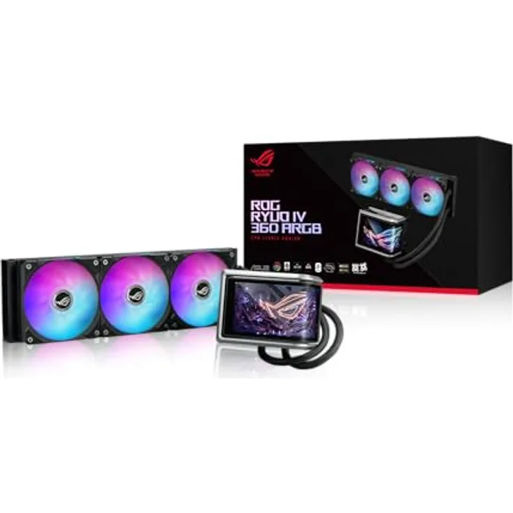 ASUS ROG Ryuo IV 360 ARGB All-in-One-CPU-Wasserkühlung mit 6,67-Zoll-AMOLED-Display, Asetek Emma Gen8 V2-Pumpe, 3x Daisy-Chain-Lüfter, Intel & AMD Kompatibilität, Schwarz