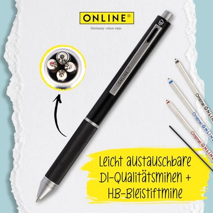 ONLINE Multipen 4-in-1, Multifunktionsstift aus Metall mit 3 Kugelschreiber-Minen in blau, schwarz und rot, Druckbleistift-Mine und Radiergummi, Farbe schwarz – Bild 4