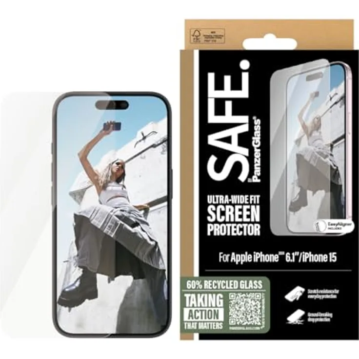 Panzer Glass PanzerGlass Safe Displayschutzfolie für iPhone 16/15/14 Pro, gehärtetes Glas, Fall-/Kratzschutz, Anti-Fingerabdruck, einfache Installation, hüllenfreundlich, transparent