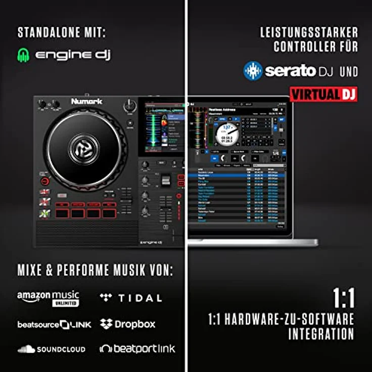 Numark Mixstream Pro+ Standalone DJ Controller, Amazon Music Unlimited Streaming, DJ Mischer, Touchscreen, WLAN, Lautsprecher, kompatibel mit Serato & Virtual DJ – Bild 3