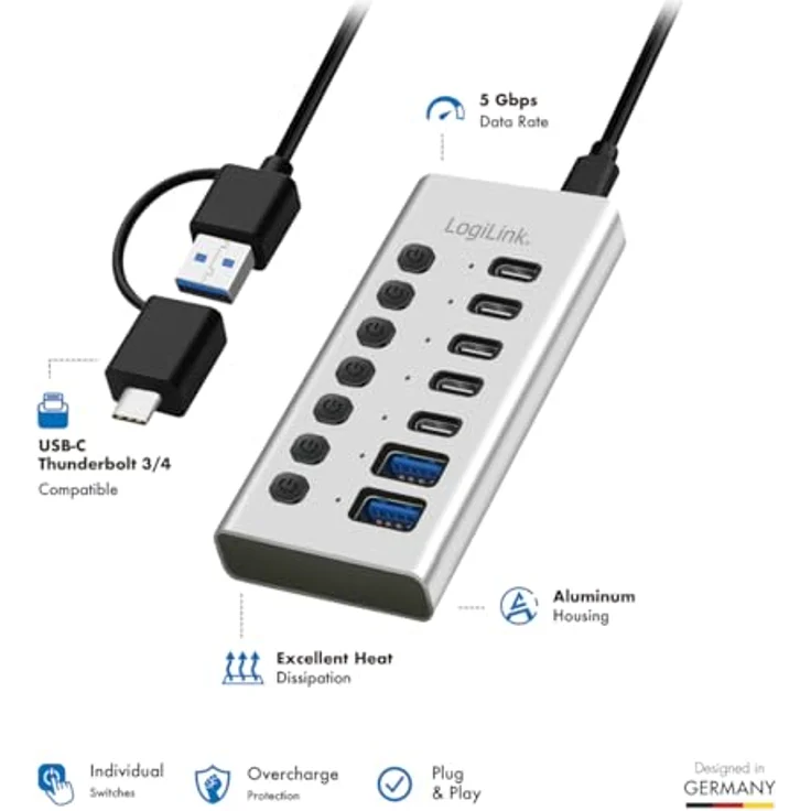 LogiLink UA0447 USB 3.2 Gen1 Hub mit 7-Ports, USB Typ A und C, Aluminium, mit EIN-/Ausschalter und 20 W PD Ladegerät – Bild 5