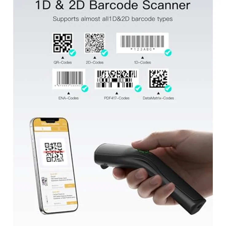 Inateck Nano 460, Kabelloser QR Code und Barcode Scanner 2D Bluetooth, mit 10 Stunden Akkulaufzeit, USB-C und 2.4G, ergonomisch und leicht, kompatibel mit Windows, iOS und Android – Bild 2