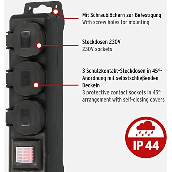 Brennenstuhl Steckdosenverteiler IP44 3-Fach (Outdoor Steckdosenleiste mit Schalter, 2m Kabel, selbstschließende Deckel, Mehrfachsteckdose für außen für den robusten und ständigen Einsatz im Freien) – Bild 2