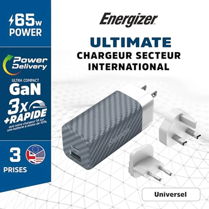 Energizer Schnellladegerät USB-A und USB-C 65 W – 3 Steckdosen im Lieferumfang enthalten (EU/US/UK) – Silber/Grau – Bild 2