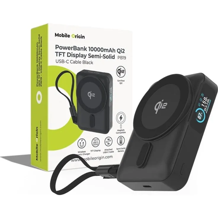 Mobile Origin PB19 Qi2 Power Bank, 10.000 mAh mit TFT-Display und integriertem USB-C-Kabel, schwarz