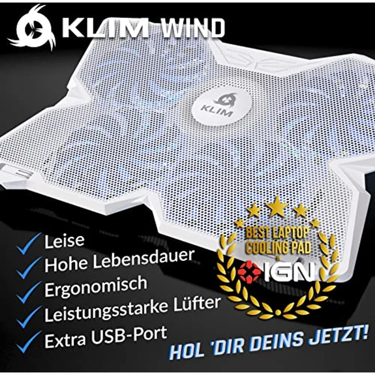 KLIM® Wind Laptop Kühler, USB Powered, 4 leistungsstarke Lüfter, stabil und leise, für PC, Mac, Xbox, PS4, 15-17 Zoll, Weiß – Bild 2