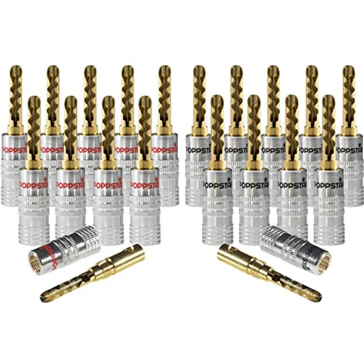 Poppstar 20x Hohl Bananenstecker, Bananas für Lautsprecherkabel (bis 6mm²), Lautsprecher, Receiver, 24k vergoldete Kontakte (10x schwarz, 10x rot)