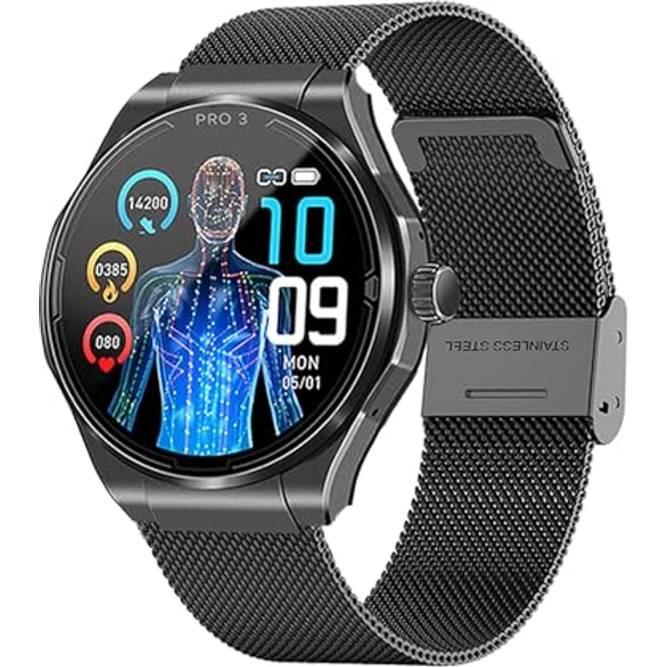 Knauermann PRO 3 (2024) Schwarz - Gesundheitsuhr Smartwatch mit Telefoniefunktion, EKG + HRV und SOS Funktion, AMOLED Display- BT Bluetooth - Schlafapnoe - Milanaiseband Schwarz, 14-24, rund
