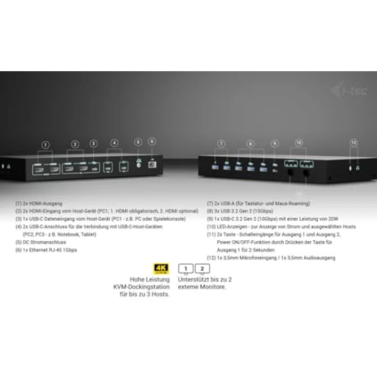 i-tec USB-C KVM Dock PRO für DREI Hosts, Dual Video, max. 92W, HDMI, 4 USB-Anschlüsse – Bild 2