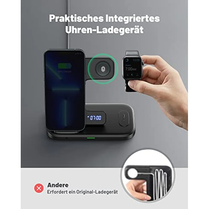 INIU 3 in 1 Wireless Charger Station, 15W Induktive LadestationSchnelles Kabelloses Ladegerät Handy Phone Stand für iPhone 14 13 12 11 Pro Max/Mini/XS/XR/X/SE, für iWatch 8/7/6/SE/5/4/AirPods 2/3/Pro – Bild 4
