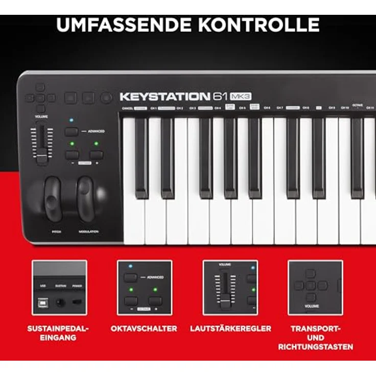 M-Audio Keystation 61 MKIII - Kompakter 61-Tasten MIDI Keyboard Controller mit zuweisbaren Reglern, Pitch- Modulation Rädern, Plug-And-Play (Mac-PC) Konnektivität und Software Production Suite – Bild 5