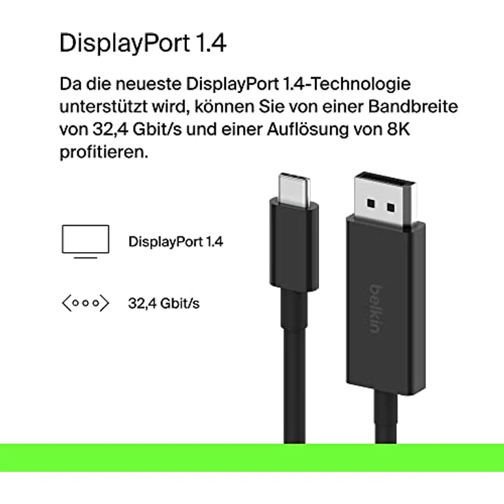 Belkin USB-C/DisplayPort 1.4-Kabel, 2 m, 32,4 Gbit/s, 8K bei 60 Hz oder 4K bei 144 Hz, mit HBR3, DSC, HDCP 2.2, DP-Alt-Modus, abwärtskompatibel, geeignet für Windows, MacOS, iPadOS, Android und mehr – Bild 2