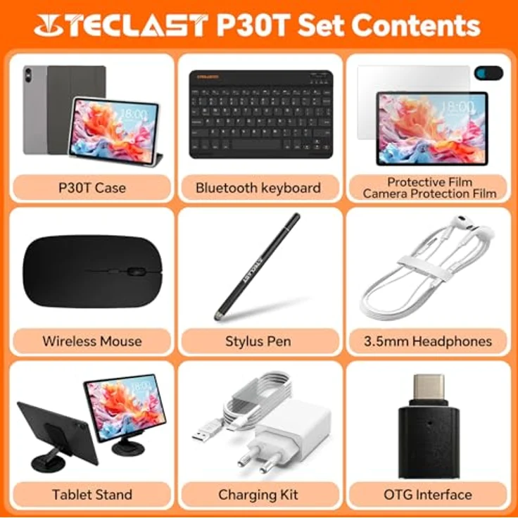 TECLAST P30T Android 14 Tablet 10+Zoll Tablet PC mit Tastatur 10-Teiliges Set, 12GB RAM+128GB ROM(4TB TF), 2.4G+5G WLAN, Unisoc Octa-Core A75 CPU, Widevine L1/GPS/6000mAh/BT5/10 Accessoires/3.5MM-2025, Metallgehäuse, 10-Zoll-BOE-Augenschutzbildschirm, Dual AC WIFI – Bild 2