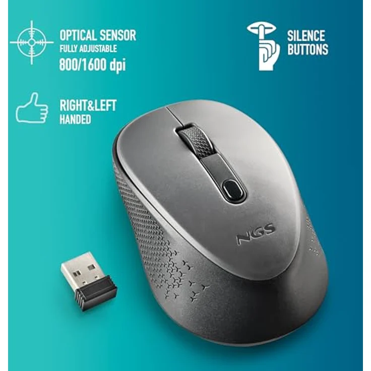 NGS Dew Gray, Funkmaus mit optischem Sensor, ergonomisch, lautlos, 800/1600 DPI, Plug & Play, beidhändig, Nano-Receiver – Bild 4