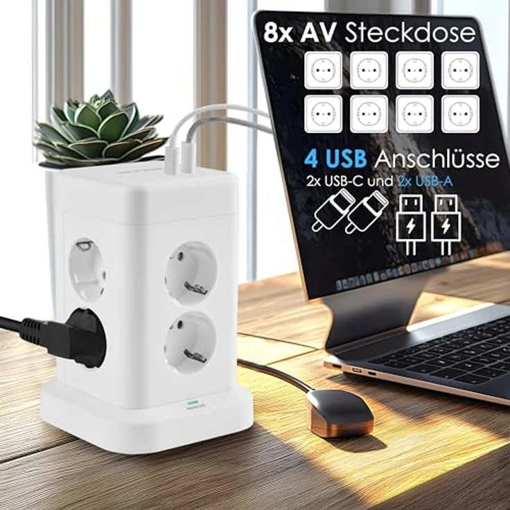 Echos 12-in-1 Steckdosenturm mit 3M Kabel, 8-fach Mehrfachsteckdose mit 2 USB-A und 2 USB-C Anschlüssen, integrierter Schalter, Überspannungsschutz, kompakt und platzsparend – Bild 3