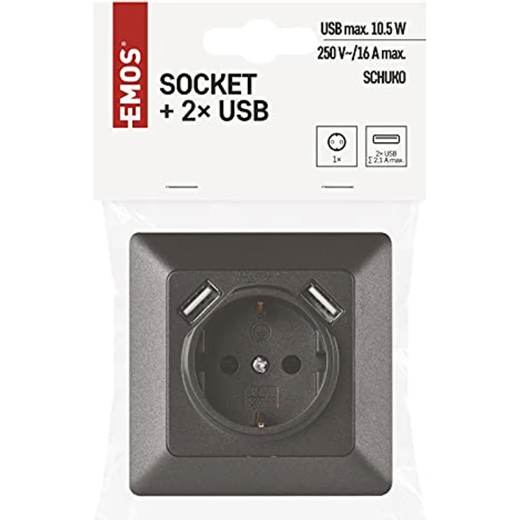 EMOS A6000.3 Unterputz-Steckdose mit 2X USB-Port Schuko, 5V / 2,1A, Anthrazit, Schwarz – Bild 4