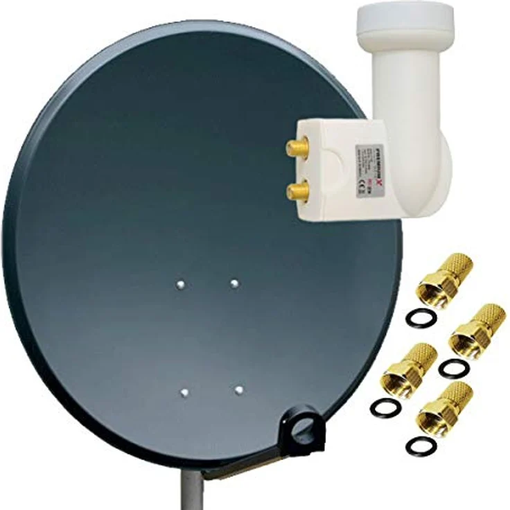 PremiumX Satelliten-Komplettanlage 80cm, anthrazit Aluminium Satellitenschüssel mit Twin LNB und 4X F-Steckern, HD/Full HD/4K, für bis zu 2 Teilnehmer – Bild 1
