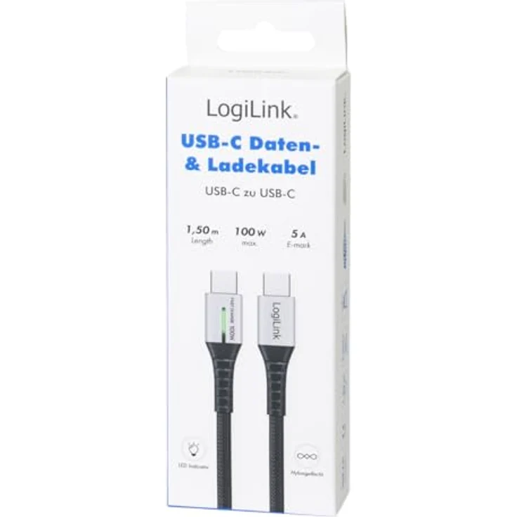LogiLink CU0423 USB-C Kabel, 1,5m, 100W Power Delivery, Nylon-Geflecht, schwarz – Bild 6