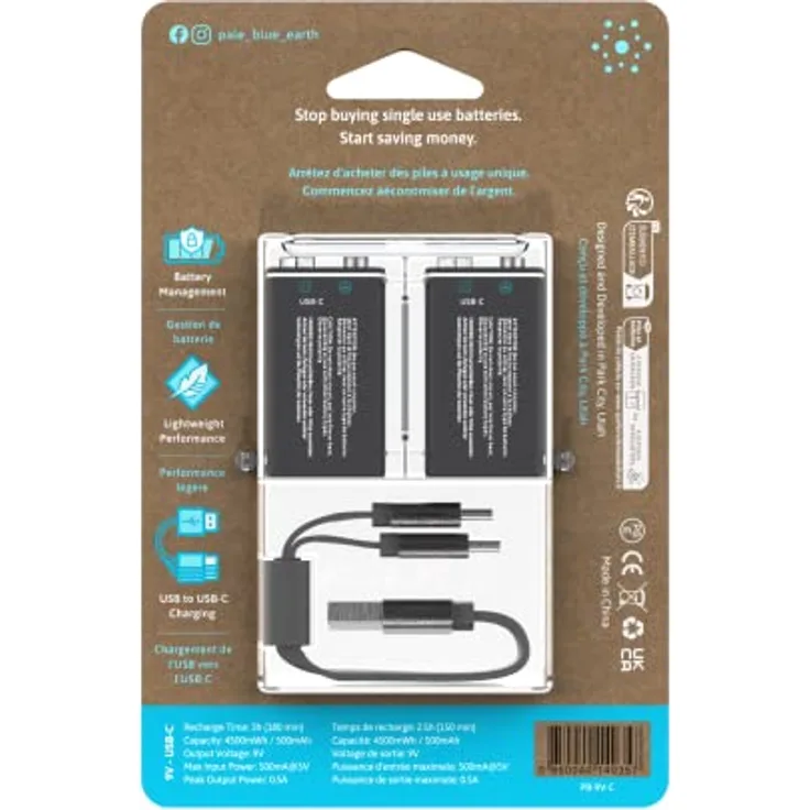 Paleblue 9V Block-Akku Li-Ion 500, Wiederaufladbar, 2er Pack, schnelle Ladezeit