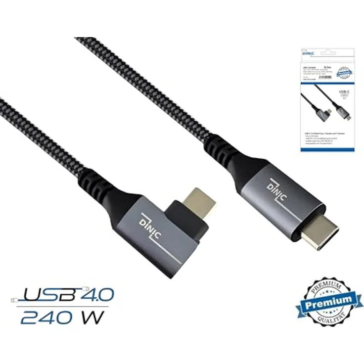 DINIC USB C 4.0 Kabel, 240W PD, 40Gbps, Typ C auf C, gewinkelt, 1m, Alu Stecker, Nylon Kabel, Schwarz/Silber – Bild 2