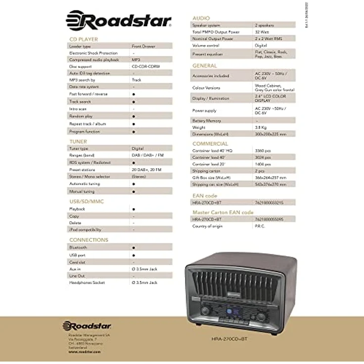 Roadstar HRA-270 CD+ BT, Retro Digitalradio mit DAB+ und Bluetooth, integrierter CD-Player, 20 Radiospeicherplätze, Farbdisplay – Bild 3