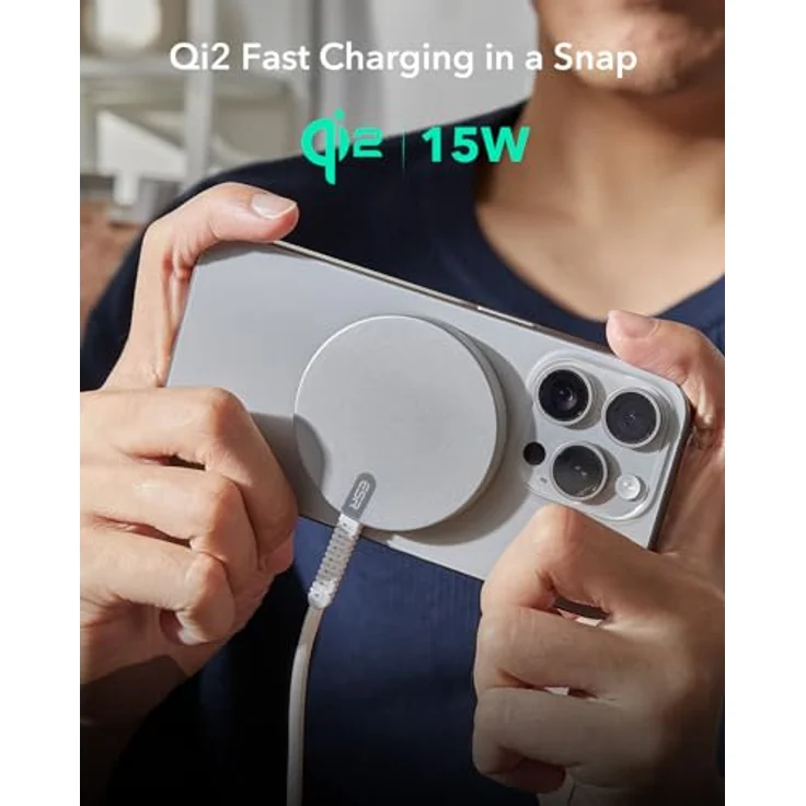 ESR Qi2 15W Magsafe Ladegerät, Wireless Charger für Apple, Kabelloses Ladepad für iPhone 16/16 Plus/16 Pro/16 Pro Max/15/14/13 Serie, Airpods 4, Magnetisches Ladepad mit A/C-Kabel, Silber – Bild 3