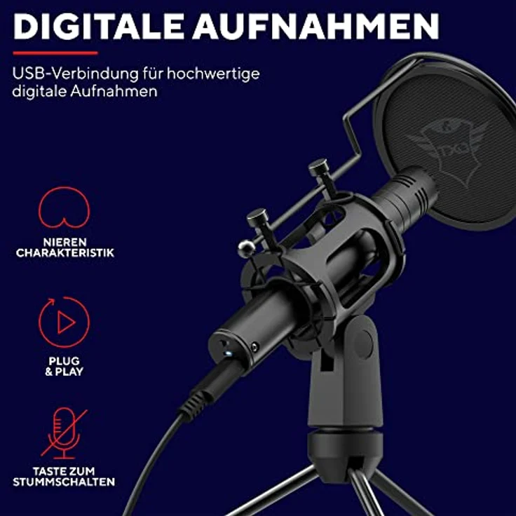 Trust Gaming GXT 241 Velica PC Mikrofon für Streaming mit Dreibeinstativ und Popfilter, Nierencharakteristik, USB Mikrofon für Podcast, Stream, ASMR, YouTube, Aufnahmen, Computer, Laptop – Schwarz – Bild 5