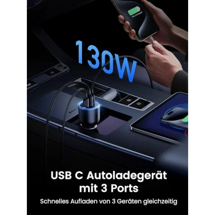 UGREEN 130W Zigarettenanzünder USB C Auto Ladegerät, 3-Port Schnellladeadapter mit PD+QC 3.0 für MacBook Pro, iPhone 16/16 Pro/16 Pro Max, Galaxy S24, robustes Design mit intelligentem Ladeschutz – Bild 3