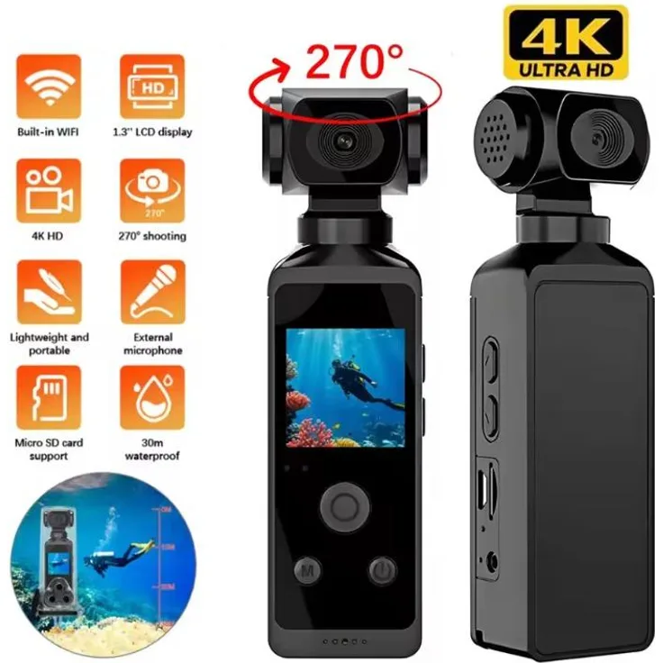 Exlene 4K-HD-Taschen-Actionkamera, 270° drehbar, verwacklungsfrei, wasserdicht bis 30 m, WLAN-Sportkamera mit Mikrofon